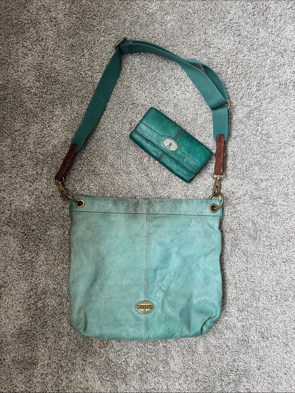 Fossil Teal Green Leather Shoulder Bag with Matching Wallet